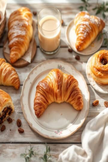 Assortiment de viennoiseries françaises pour petit-déjeuner français emblématiques : croissants, pain au chocolat, pain aux raisins