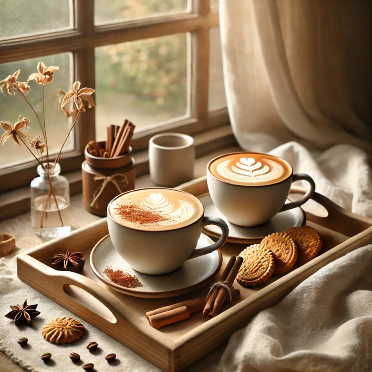 Deux cafés latte sur plateau en bois avec latte art, biscuits et lumière près d’une fenêtre