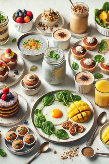 Flatlay de 20 idées de petits-déjeuners express sains sur table claire ambiance brunch gourmet