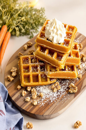 Gaufres Carrot Cake rectangulaires, fraîchement cuites et décorées