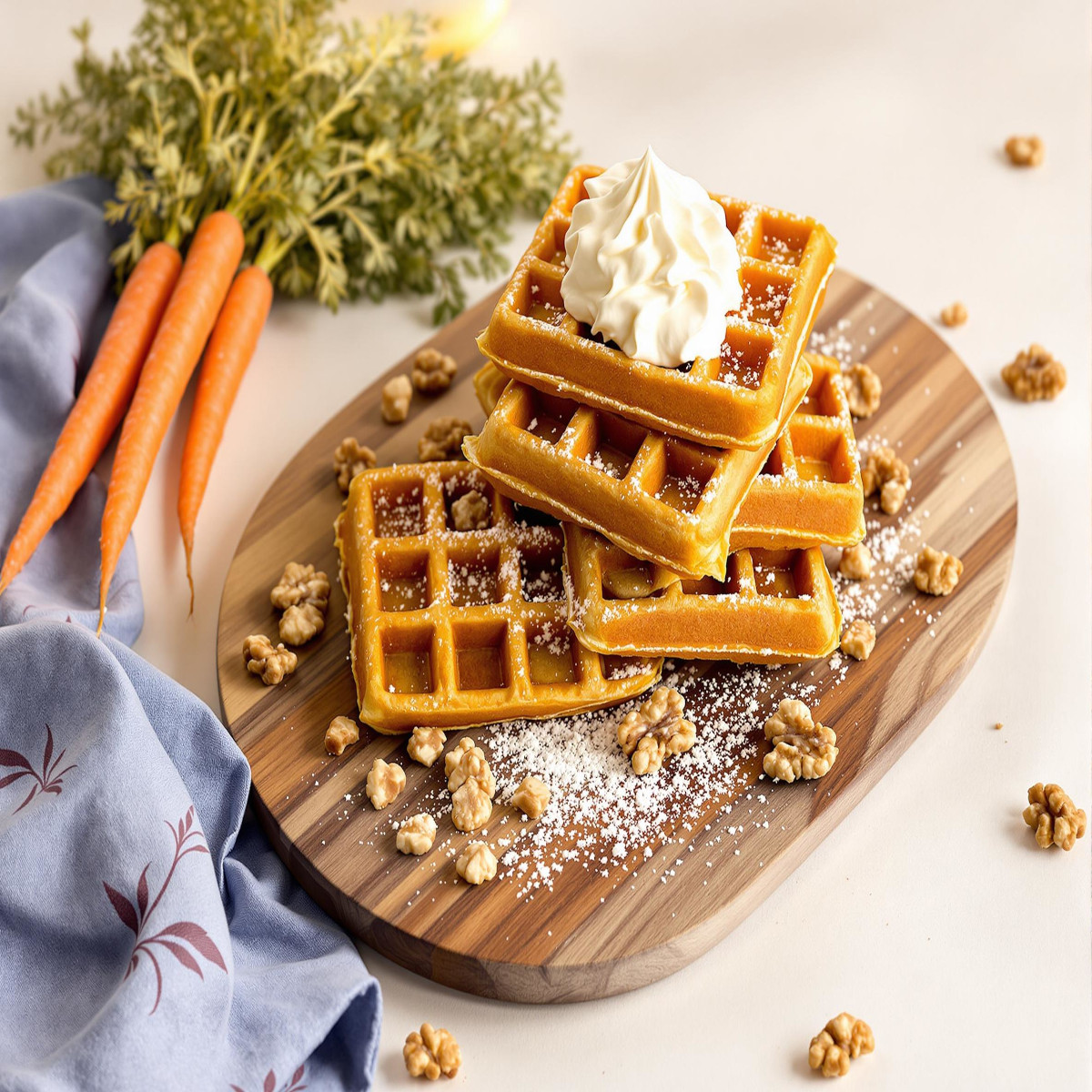 Gaufres Carrot Cake rectangulaires, fraîchement cuites et décorées