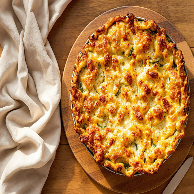 Gratin de pâtes au fromage fraîchement sorti du four, croûte dorée sur planche en bois.