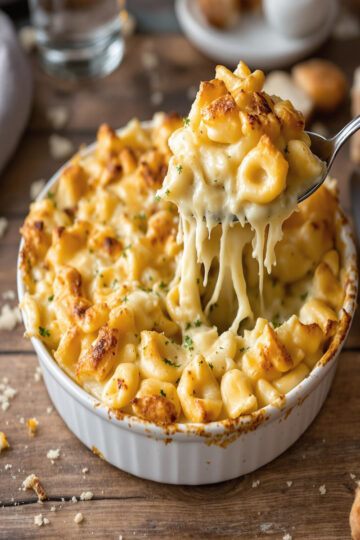 Gratin de pâtes, coquillettes fraîchement sorti du four, croûte dorée craquante sous la cuillère