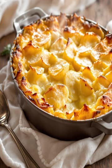 Gratin de pommes de terre doré et fumant, fraîchement sorti du four, prêt à servir.