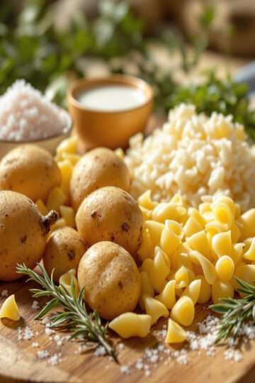 Ingrédients féculents pour gratins : pommes de terre, pâtes et riz sur planche en bois