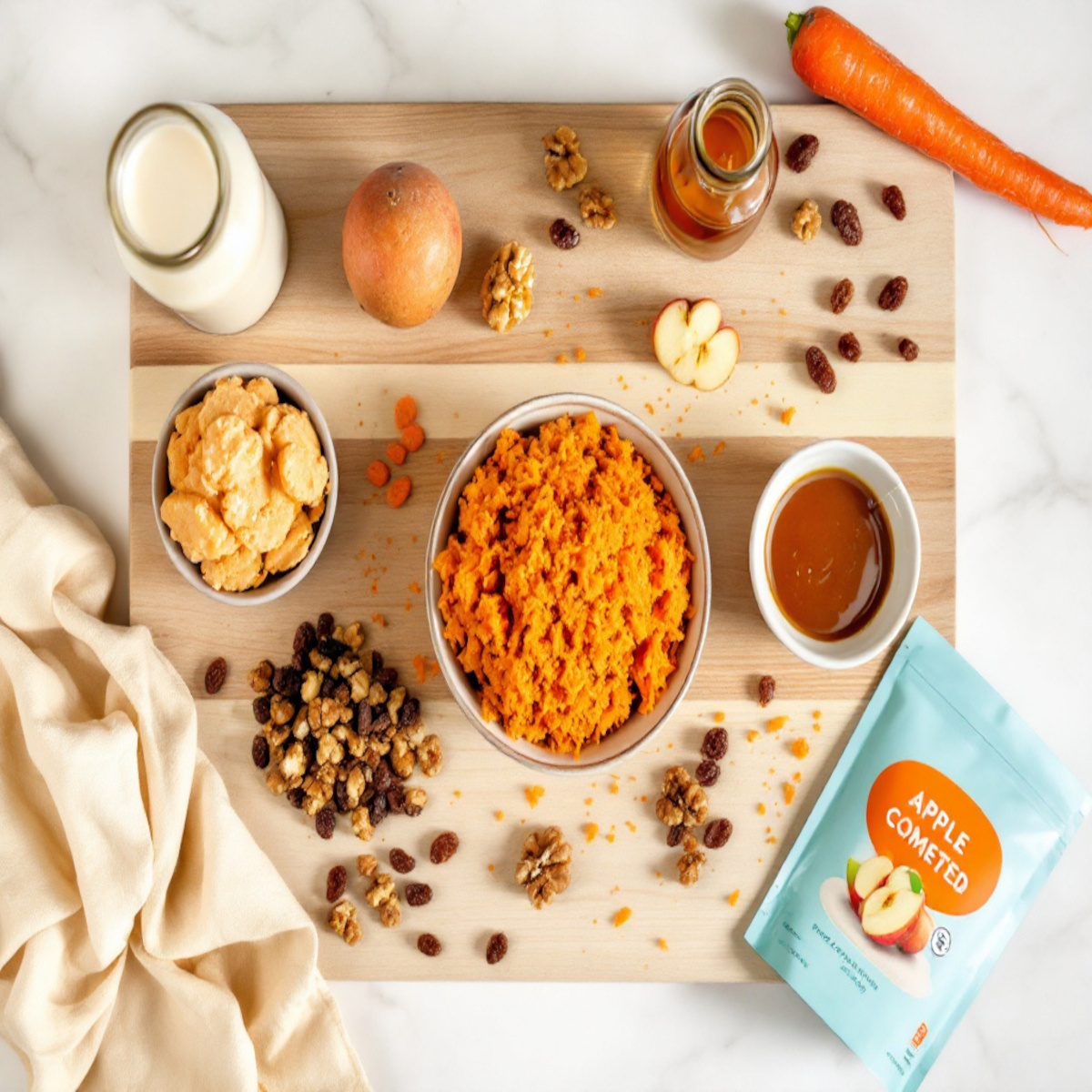 Ingrédients pour gaufres Carrot Cake : lait d'amande, compote de pommes, carottes râpées