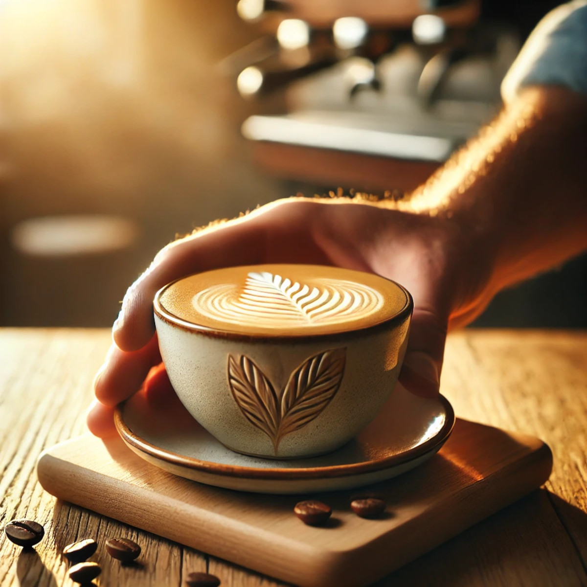 Main tenant une tasse de café latte avec latte art, lumière dorée, grains en décor