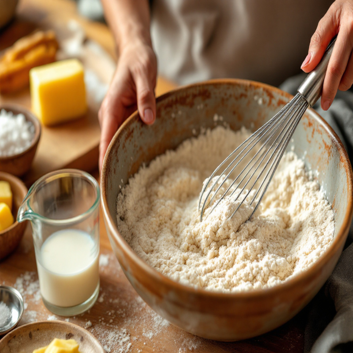 Préparation de la pâte à gaufres en mélangeant ingrédients secs et liquides