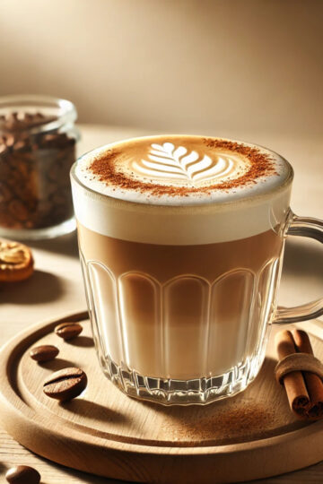 Tasse de café parfait latte avec latte art, mousse crémeuse, grains et biscuits en lumière naturelle