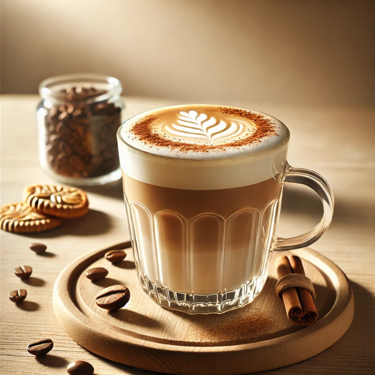 Tasse de café parfait latte avec latte art, mousse crémeuse, grains et biscuits en lumière naturelle