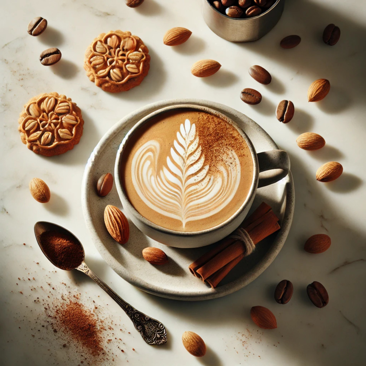 Vue du dessus d’un café latte sur marbre blanc avec biscuits, mousse et grains de café