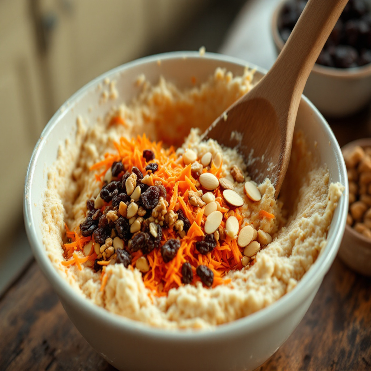 incorporation de carottes râpées, noix et raisins secs dans la pâte à gaufres