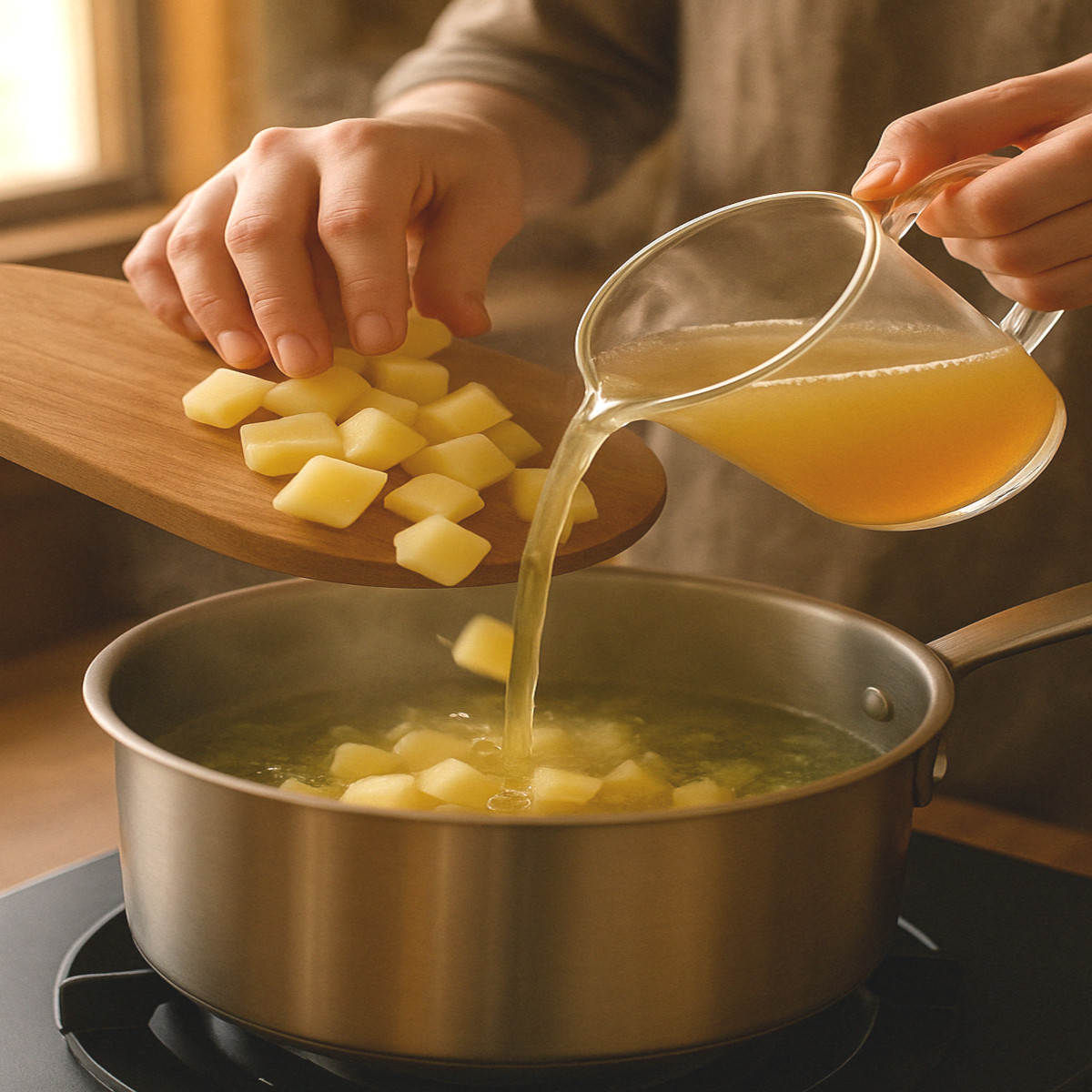 Ajout des pommes de terre et du bouillon chaud dans la casserole rustique