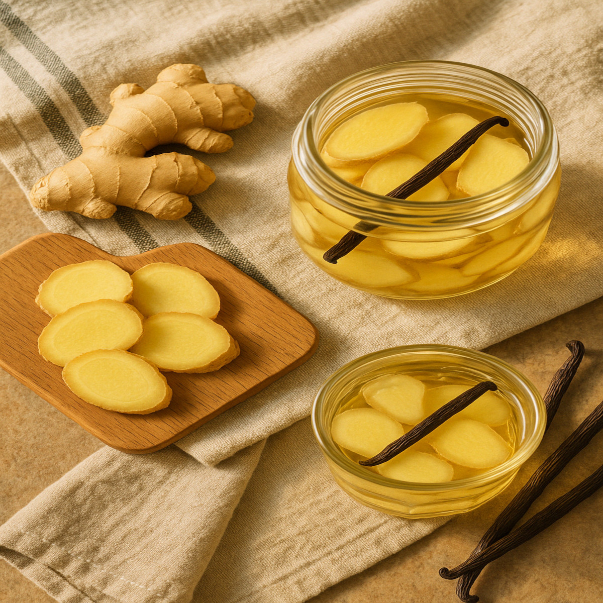Bocal de rhum arrangé au gingembre avec lamelles fraîches et vanille sur planche