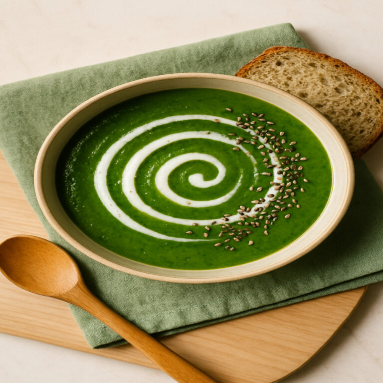 Bol de soupe detox maison aux légumes verts, crème végétale et graines en topping