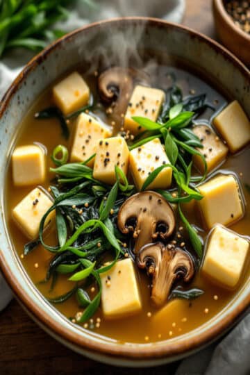Bol de bouillon miso prêt à servir avec tofu, wakamé, shiitaké et cébette fraîche