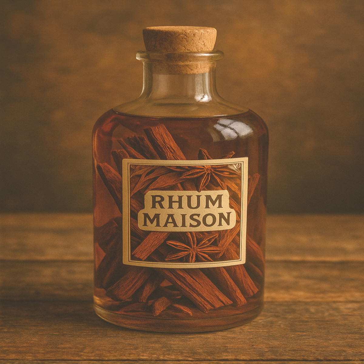 Bouteille de rhum maison au bois bandé, cannelle et anis étoilé sur table rustique