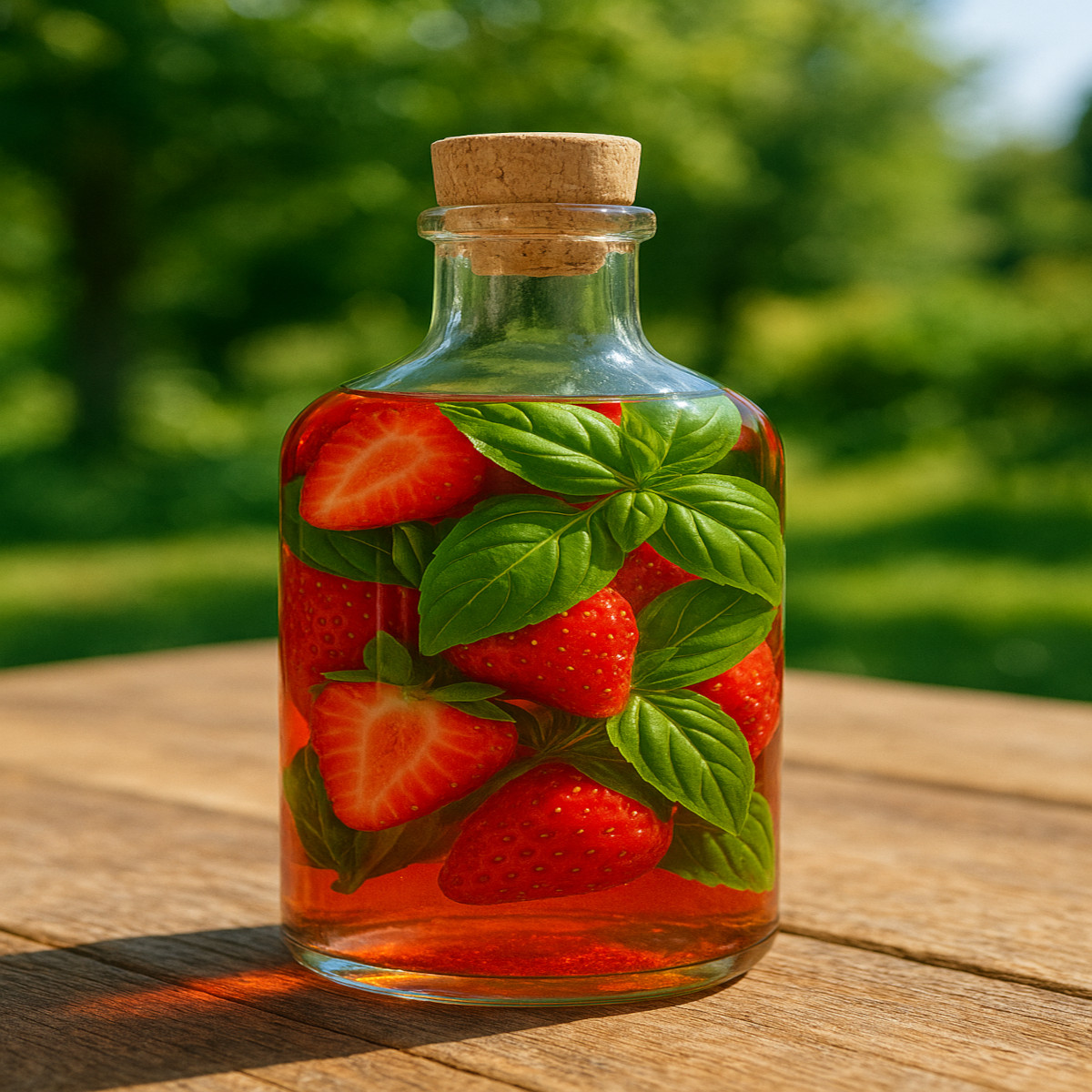 Bouteille de rhum maison aux fraises et basilic sur table en bois ensoleillée