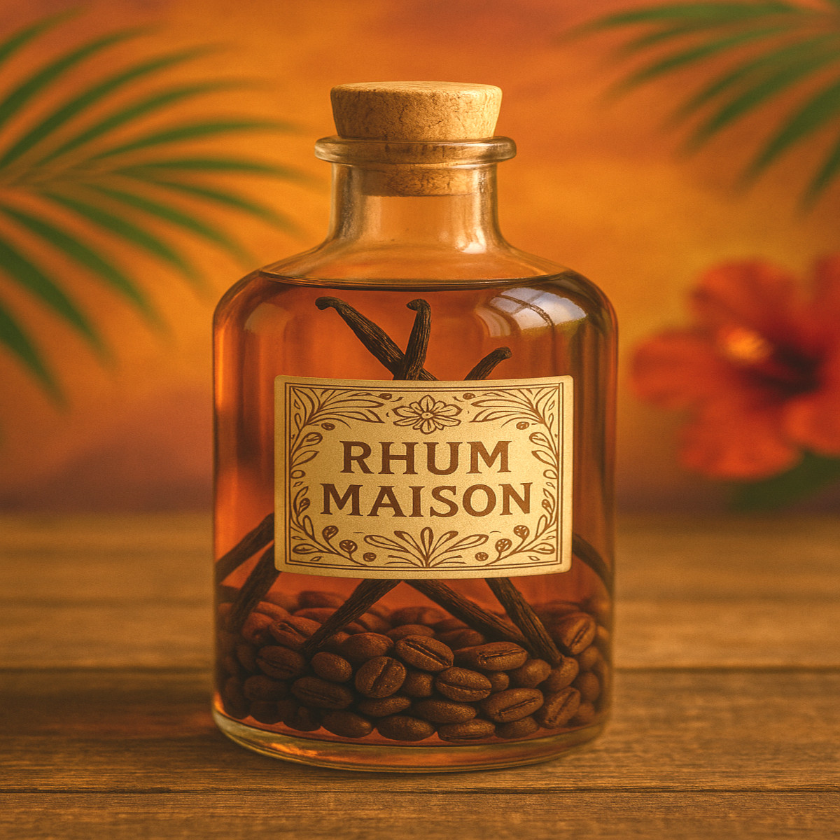 Bouteille de rhum maison aux grains de café et gousses de vanille sur table rustique
