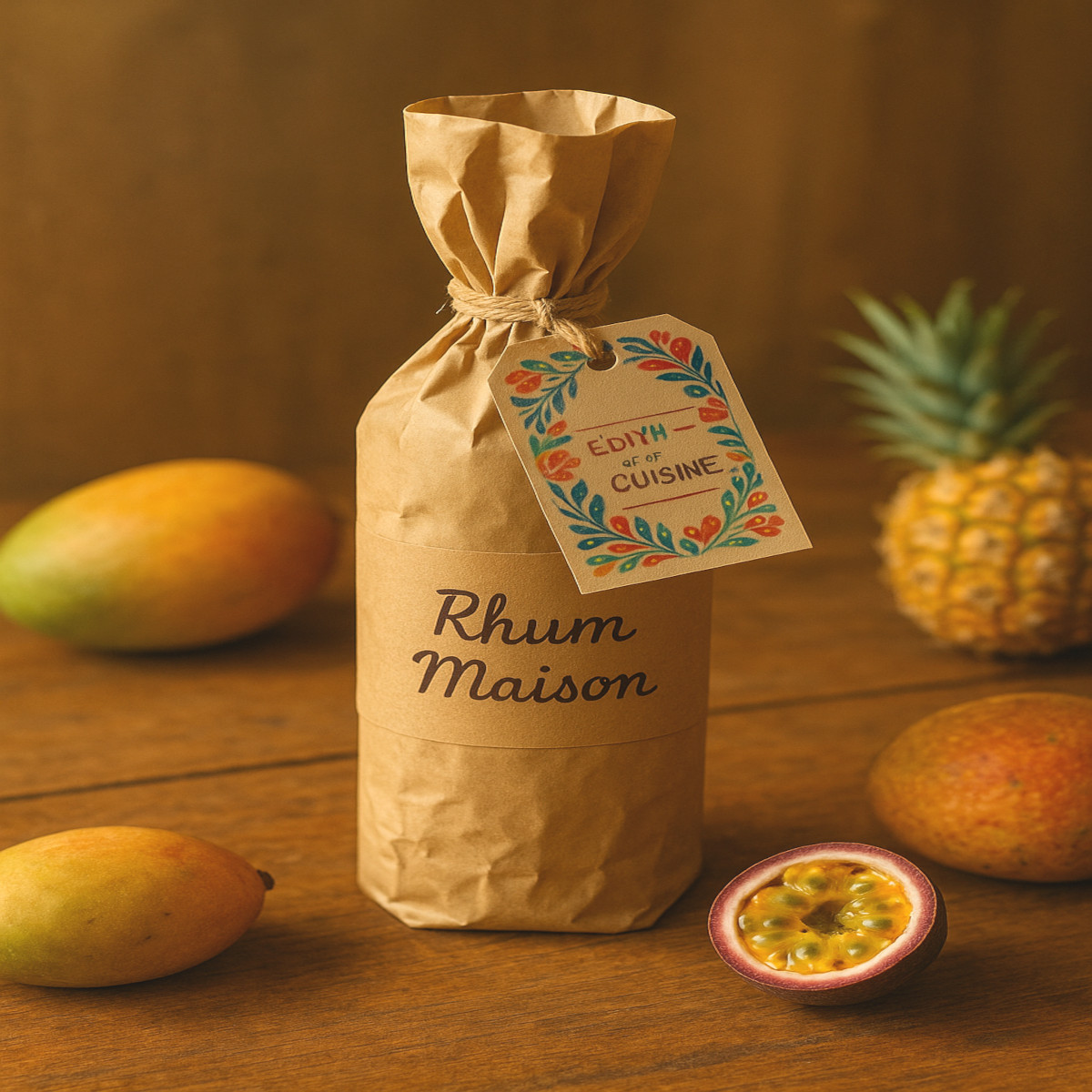 Bouteille de rhum maison emballée en kraft avec étiquette personnalisée et fruits exotiques