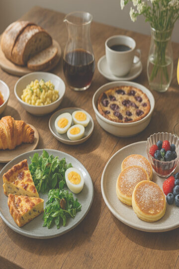 Brunch à la française avec croissants, œufs brouillés, quiche et fruits frais