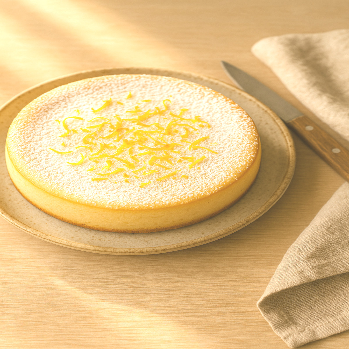 Cheesecake léger entier sur assiette rustique, décoré de sucre glace et zestes frais