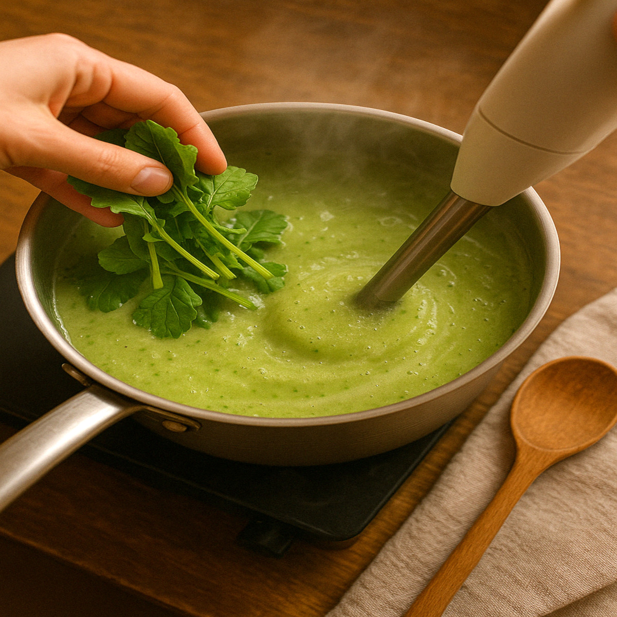 Fanes de radis ajoutées, soupe mixée en velouté vert onctueux maison