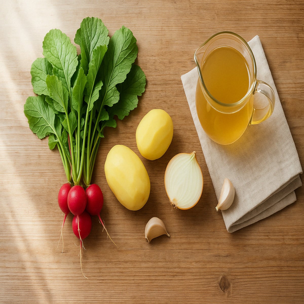 Fanes, pommes de terre, oignon, ail et bouillon sur plan de travail