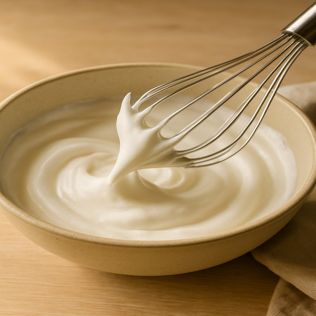 Fouet en action dans des blancs d'œufs montés en neige, texture brillante et légère