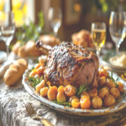 Gigot-dagneau-roti-aux-40-gousses-dail-servi-sur-table-festive-avec-vin-et-pain