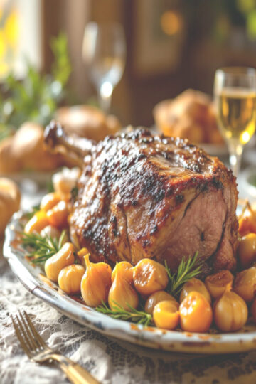 Gigot-dagneau-roti-aux-40-gousses-dail-servi-sur-table-festive-avec-vin-et-pain