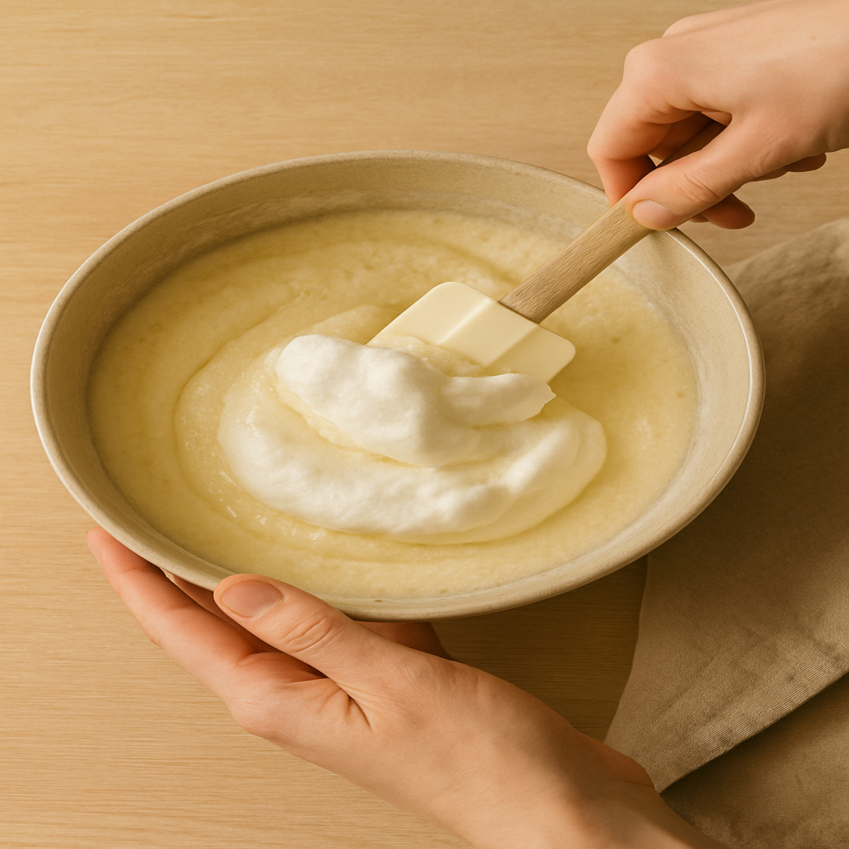 Incorporation des blancs en neige dans une pâte à cheesecake avec une spatule souple