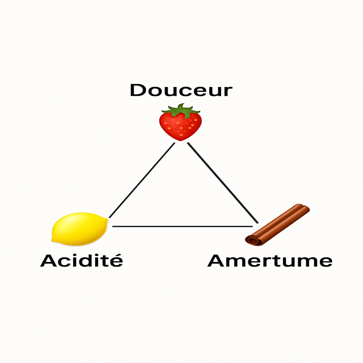 Infographie triangle Douceur Acidité Amertume avec icônes fruit, citron et cannelle