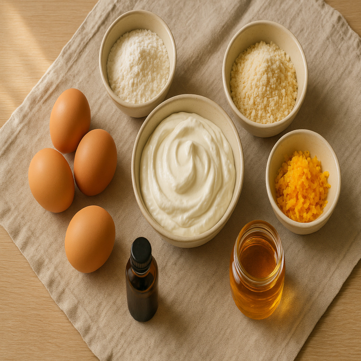 Ingrédients frais pour cheesecake léger : fromage blanc, œufs, zestes, sirop, vanille