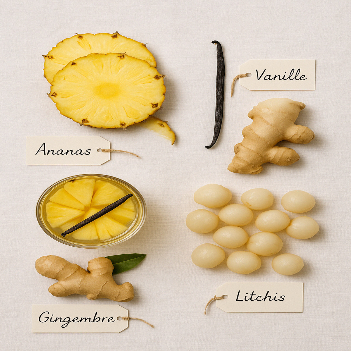 Ingrédients pour rhum arrangé : ananas, gingembre, letchi, vanille sur fond clair