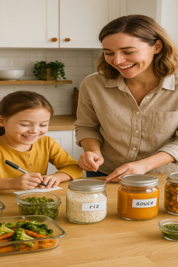 Maman et enfant en cuisine préparant des repas guide complet batch cooking dans des bocaux