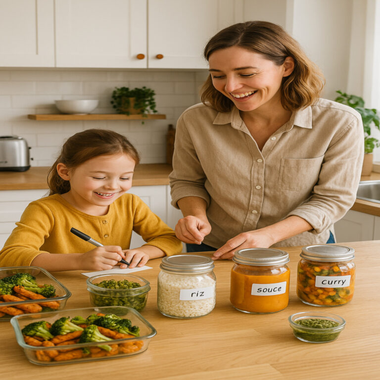 Maman et enfant en cuisine préparant des repas guide complet batch cooking dans des bocaux