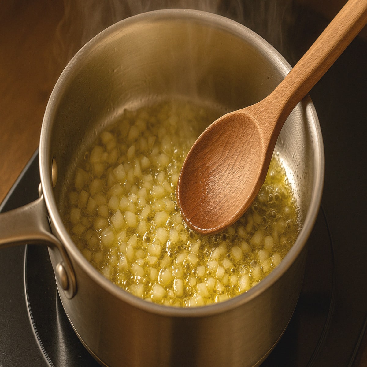 Oignon et ail dorés dans l'huile d'olive, cuisson douce dans une casserole
