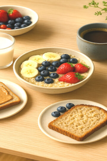 Petit-déjeuner vegan et végétarien avec porridge, tartines, fruits et lait végétal maison