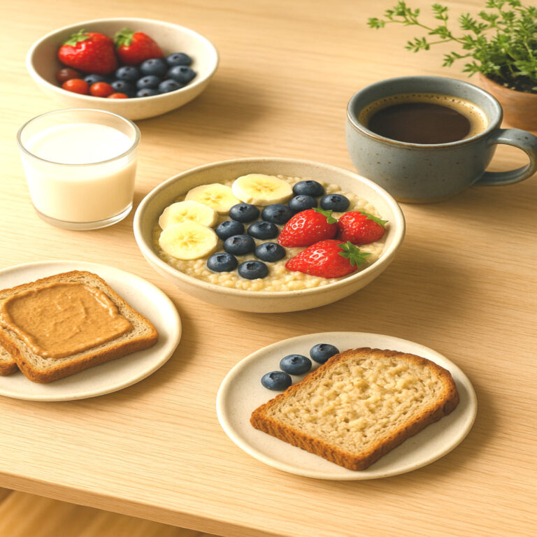 Petit-déjeuner vegan et végétarien avec porridge, tartines, fruits et lait végétal maison