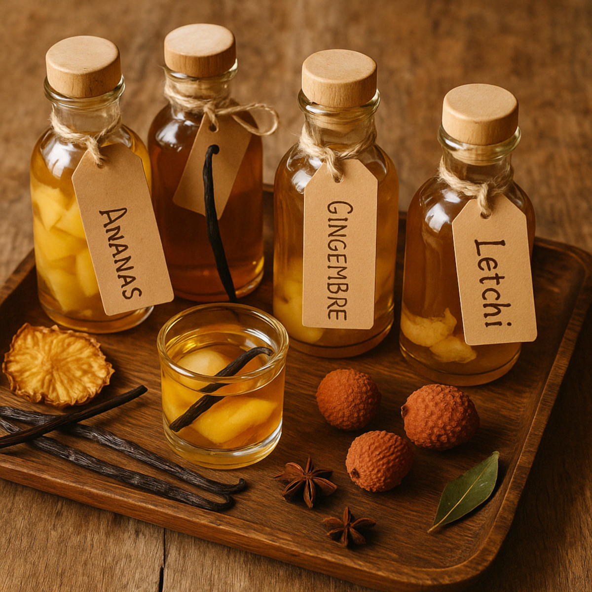 Petites bouteilles de rhum arrangé maison étiquetées avec ficelle et étiquettes kraft