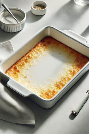 Plat à gratin blanc vide en céramique sur plan clair, style minimaliste élégant