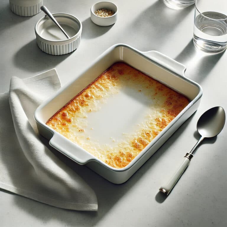 Plat à gratin blanc vide en céramique sur plan clair, style minimaliste élégant