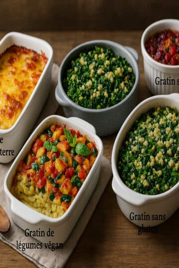 Quatre plats de gratins différents : classique, végan, sans gluten et sucré, servis sur une table rustique