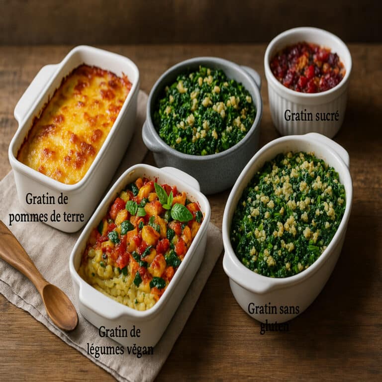 Quatre plats de gratins différents : classique, végan, sans gluten et sucré, servis sur une table rustique