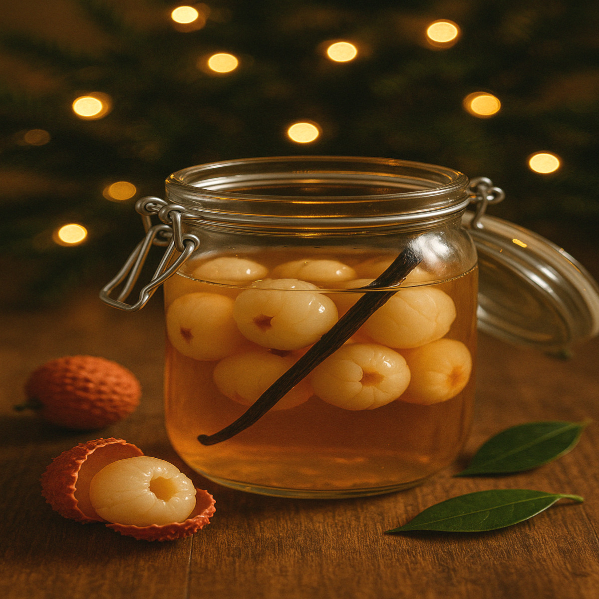 Rhum arrangé letchi maison avec fruits pelés et vanille en ambiance festive