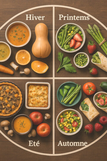 Tableau des 4 saisons du batch cooking saisonnier avec plats et produits typiques saisonniers
