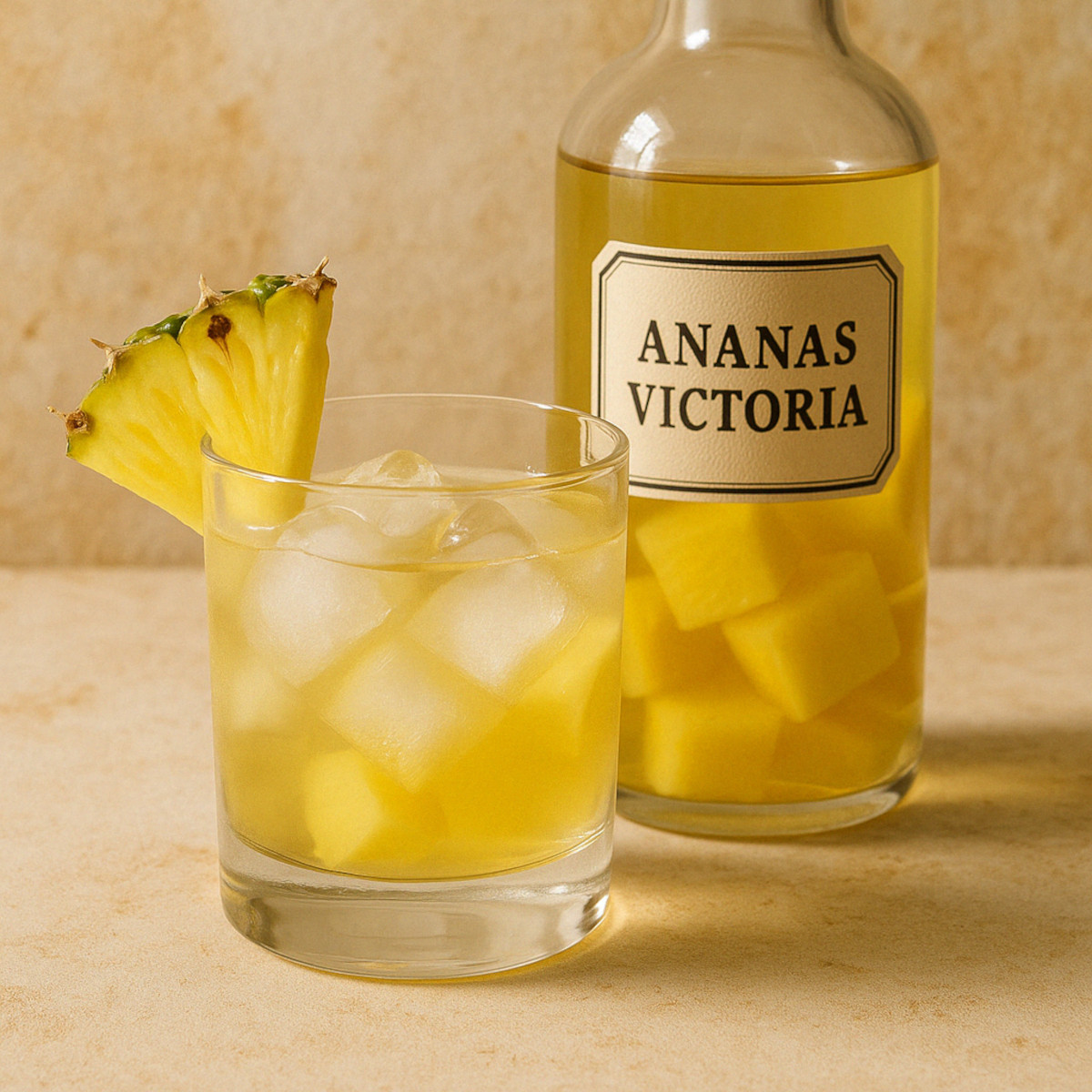 Verre de rhum arrangé ananas servi frais avec tranche de fruit sur une table rustique