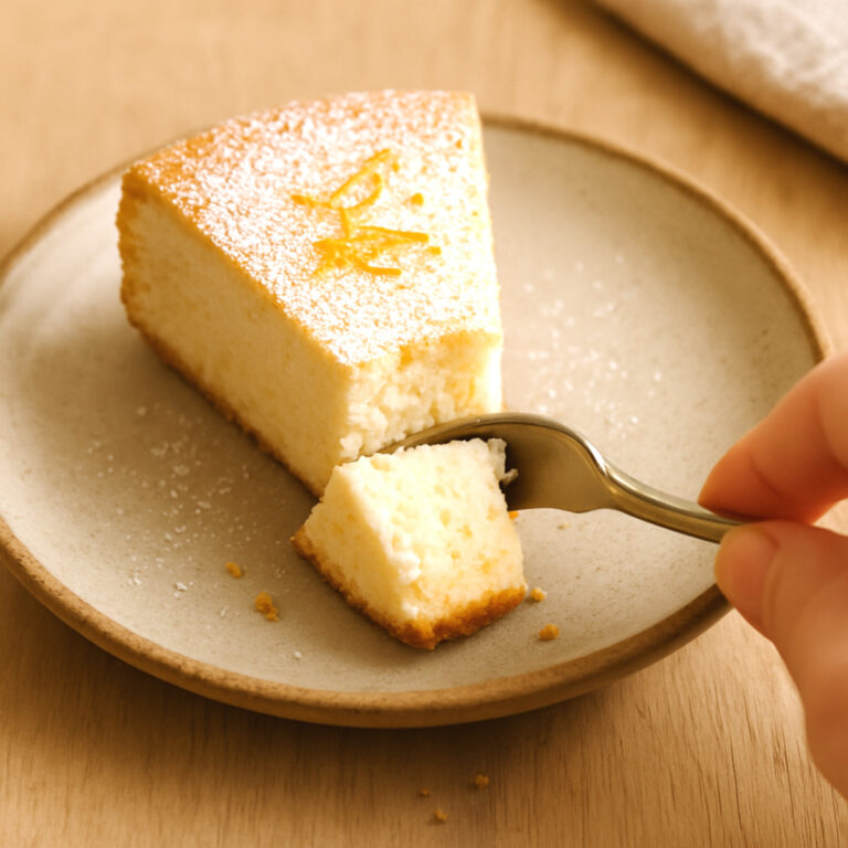 gâteau léger au fromage blanc, moelleux, coupée à la fourchette sur assiette rustique