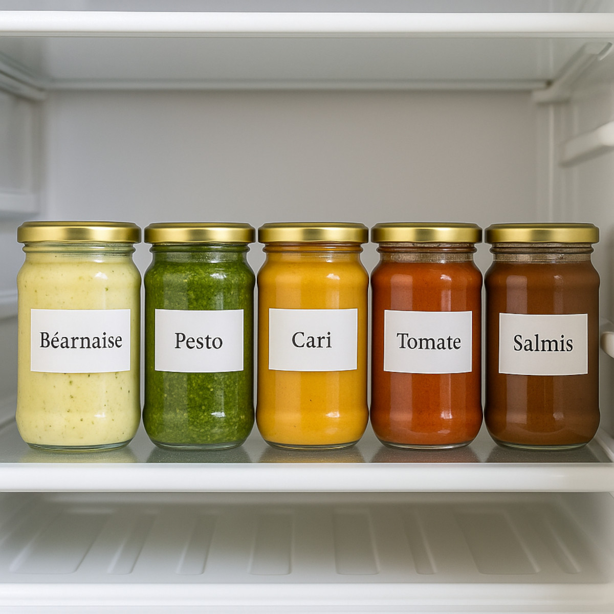 Bocaux de sauces maison étiquetés et rangés au réfrigérateur